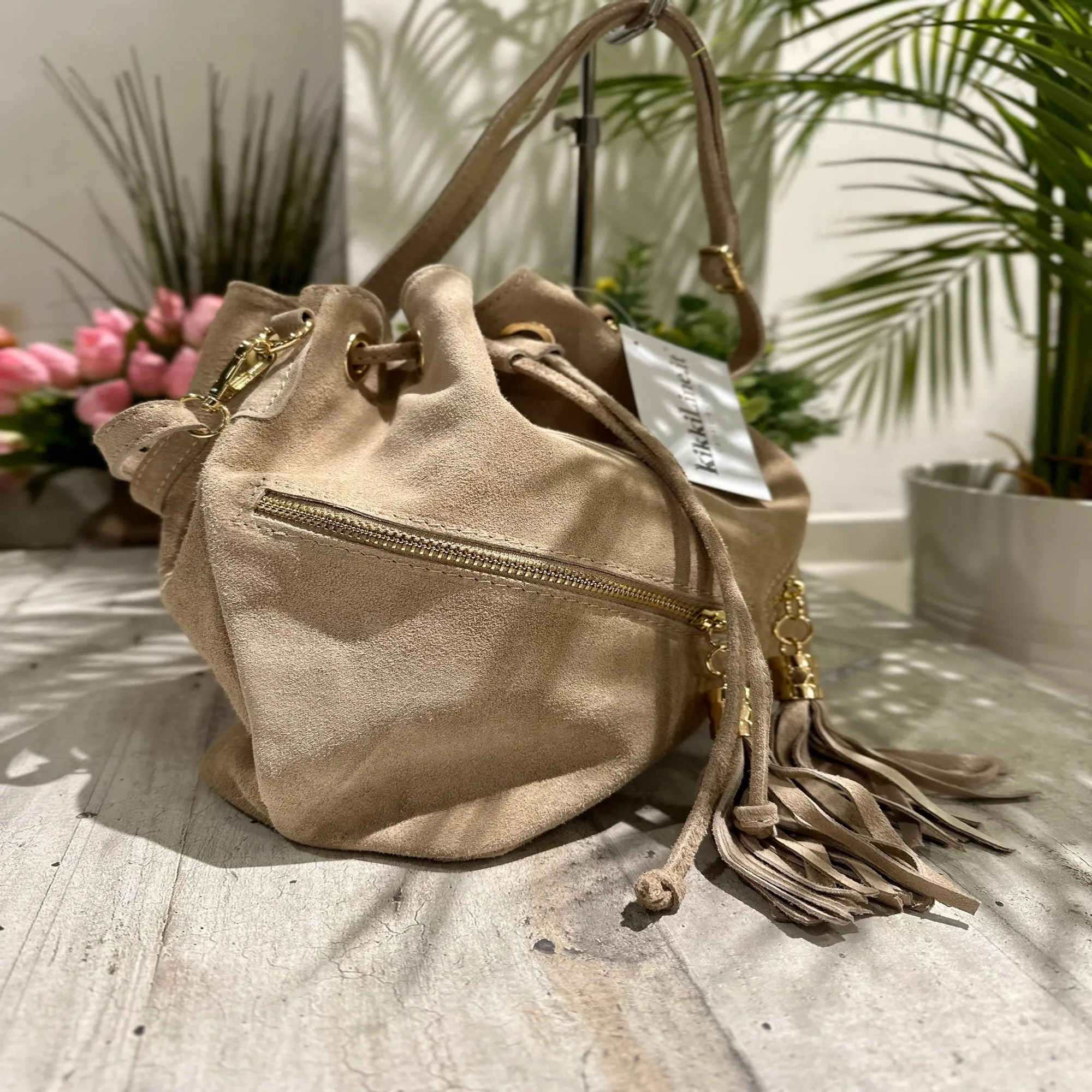 Bucket Bag with Tassels in Beige Suede Leather Double Zip