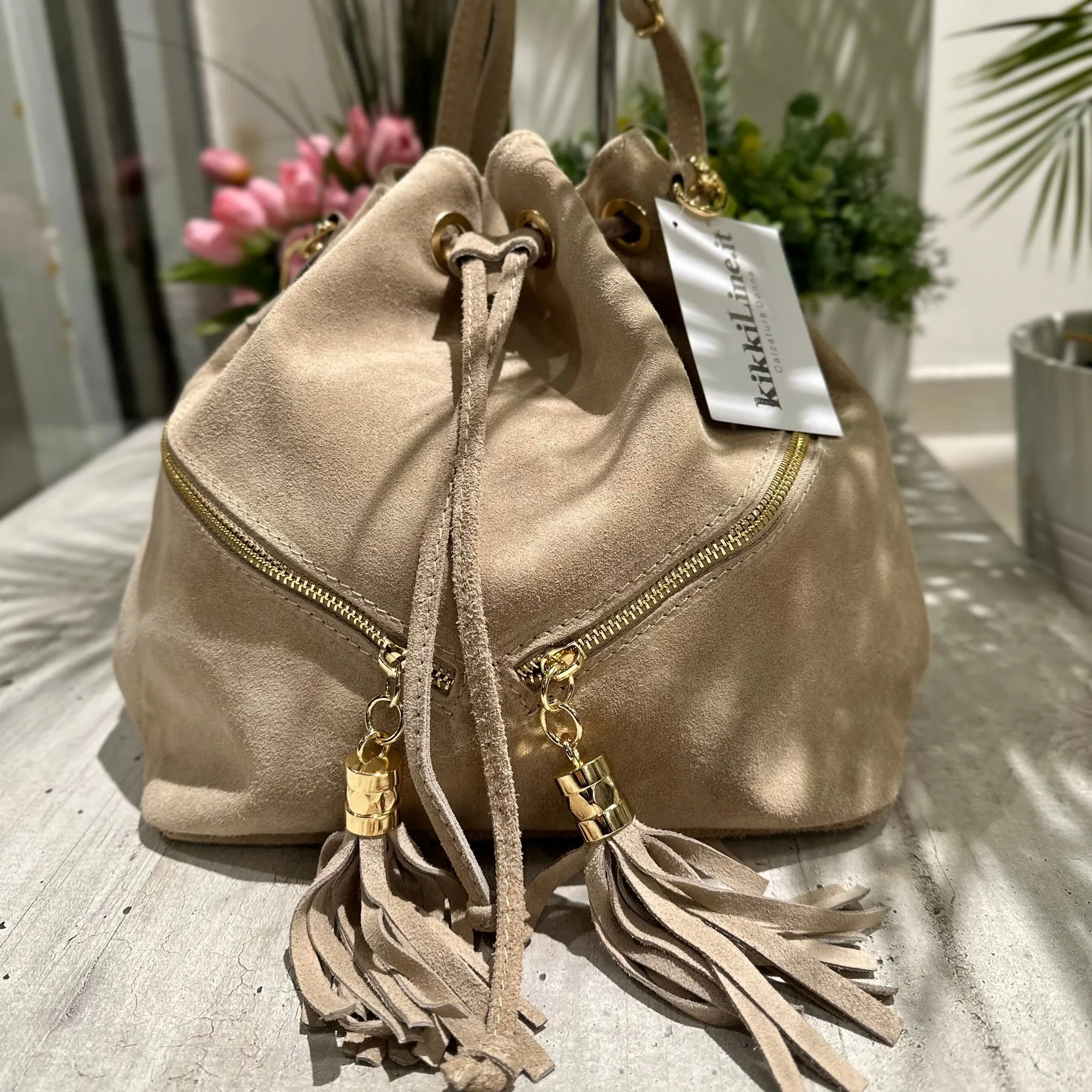 Bucket Bag with Tassels in Beige Suede Leather Double Zip