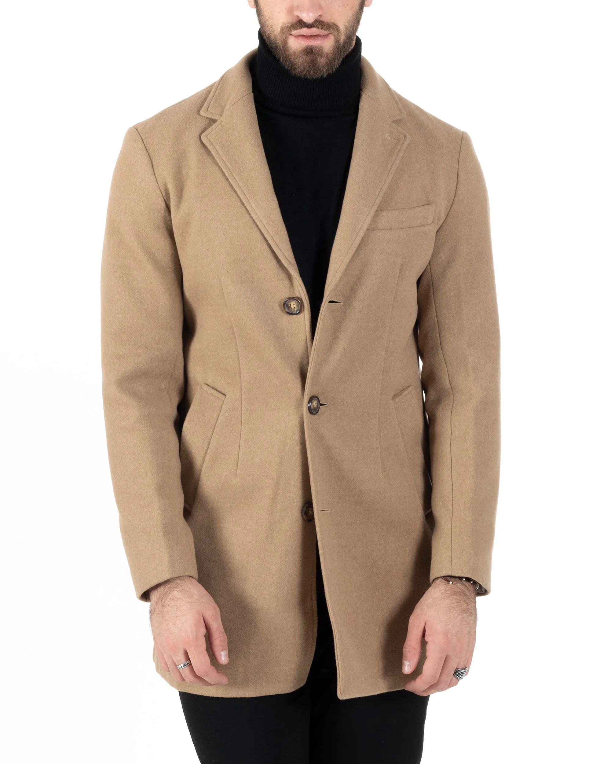 Camel Single-Breasted Overcoat for Men in Solid Color - GIOSAL-CO1001A
