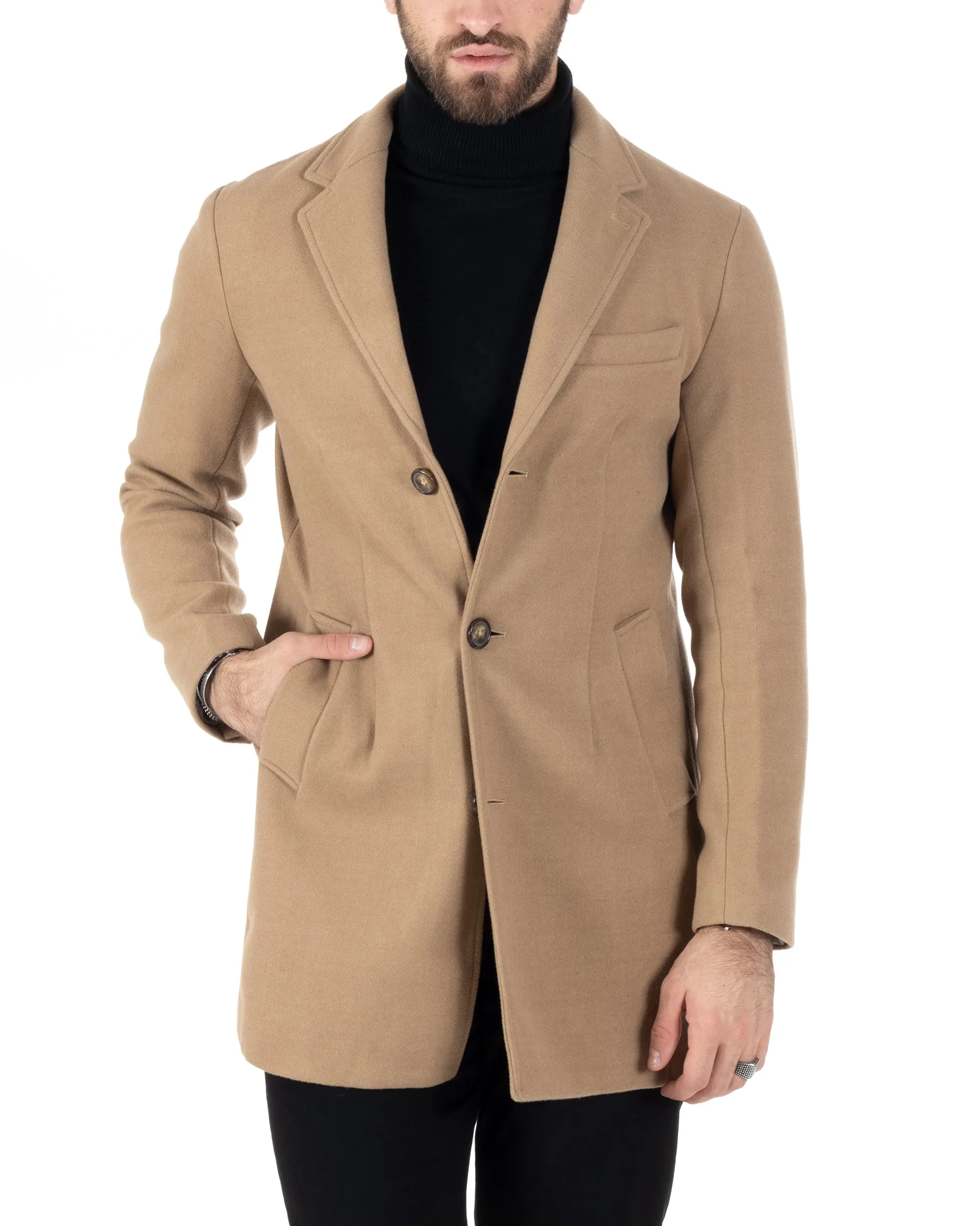 Camel Single-Breasted Overcoat for Men in Solid Color - GIOSAL-CO1001A
