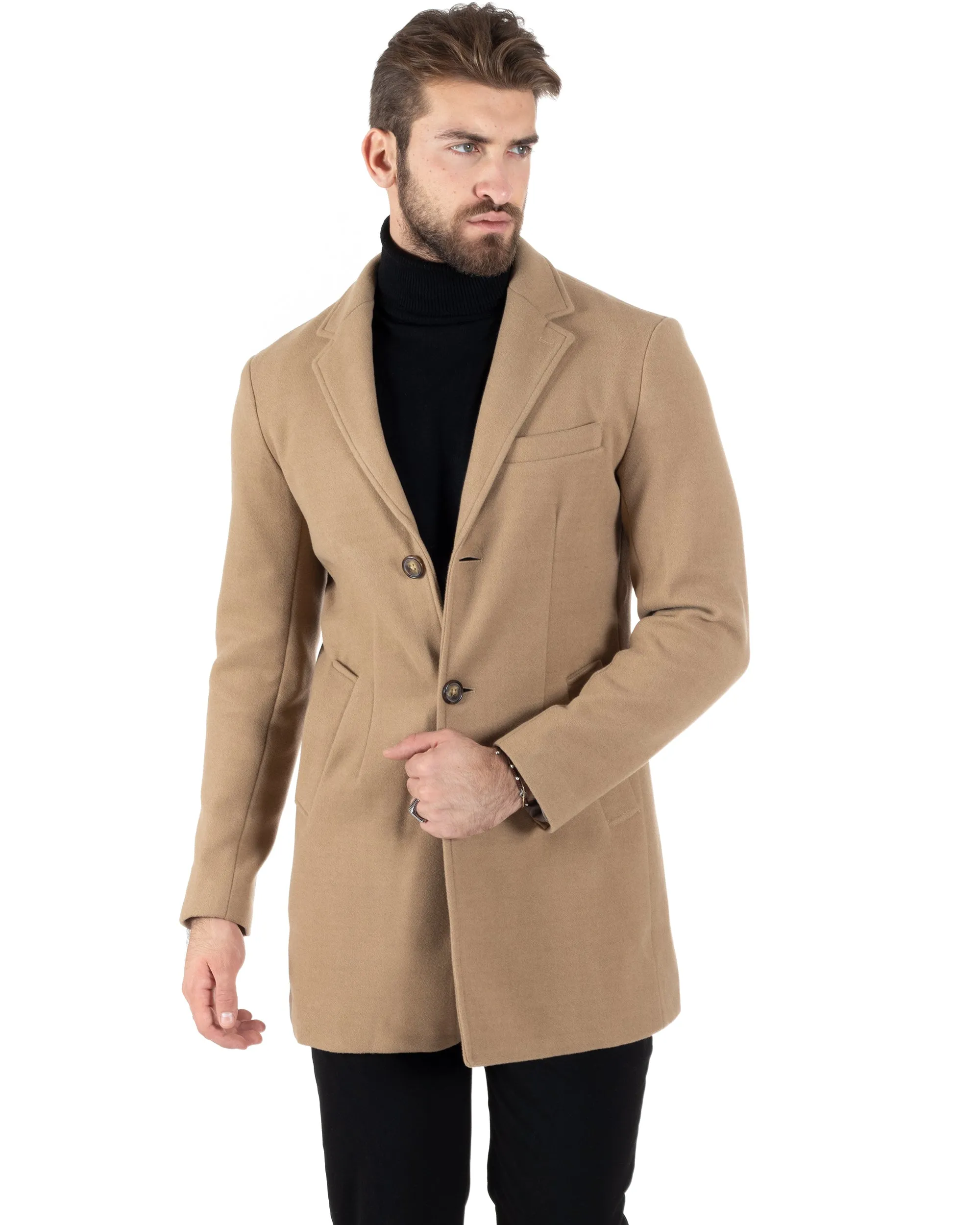 Camel Single-Breasted Overcoat for Men in Solid Color - GIOSAL-CO1001A