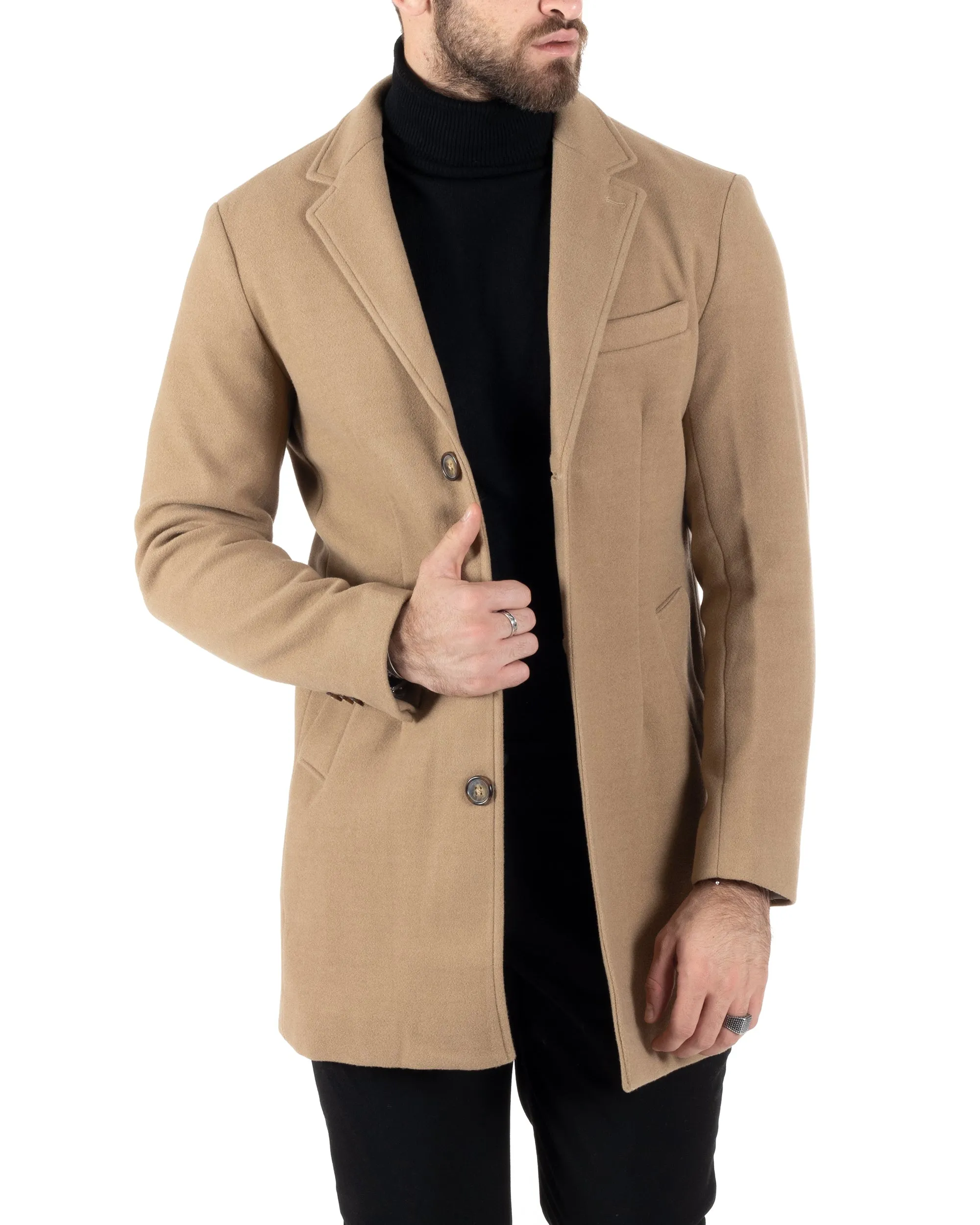 Camel Single-Breasted Overcoat for Men in Solid Color - GIOSAL-CO1001A