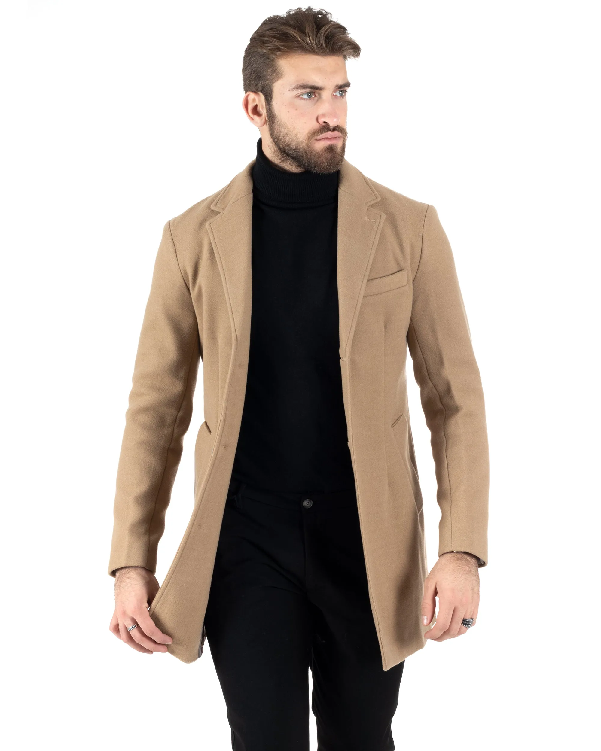 Camel Single-Breasted Overcoat for Men in Solid Color - GIOSAL-CO1001A