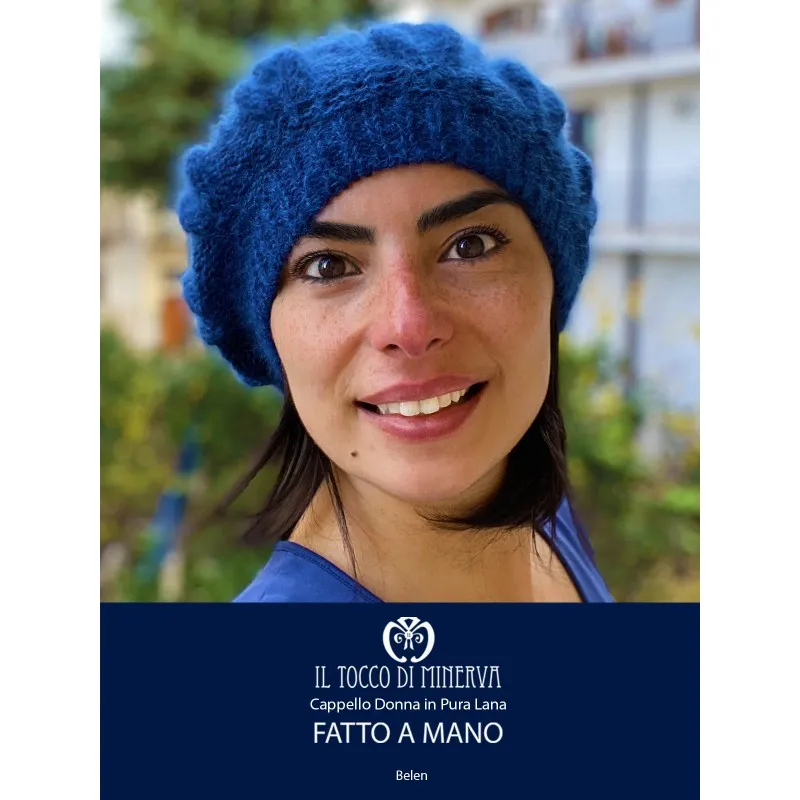 Cappello donna blu in lana e mohair Belen - Realizzato a mano