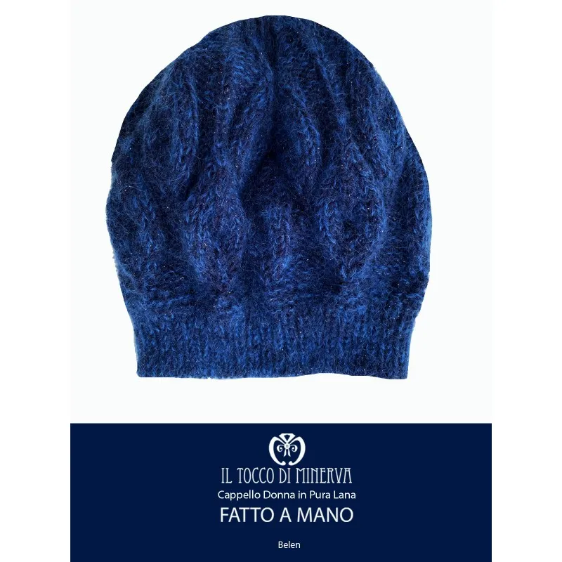 Cappello donna blu in lana e mohair Belen - Realizzato a mano
