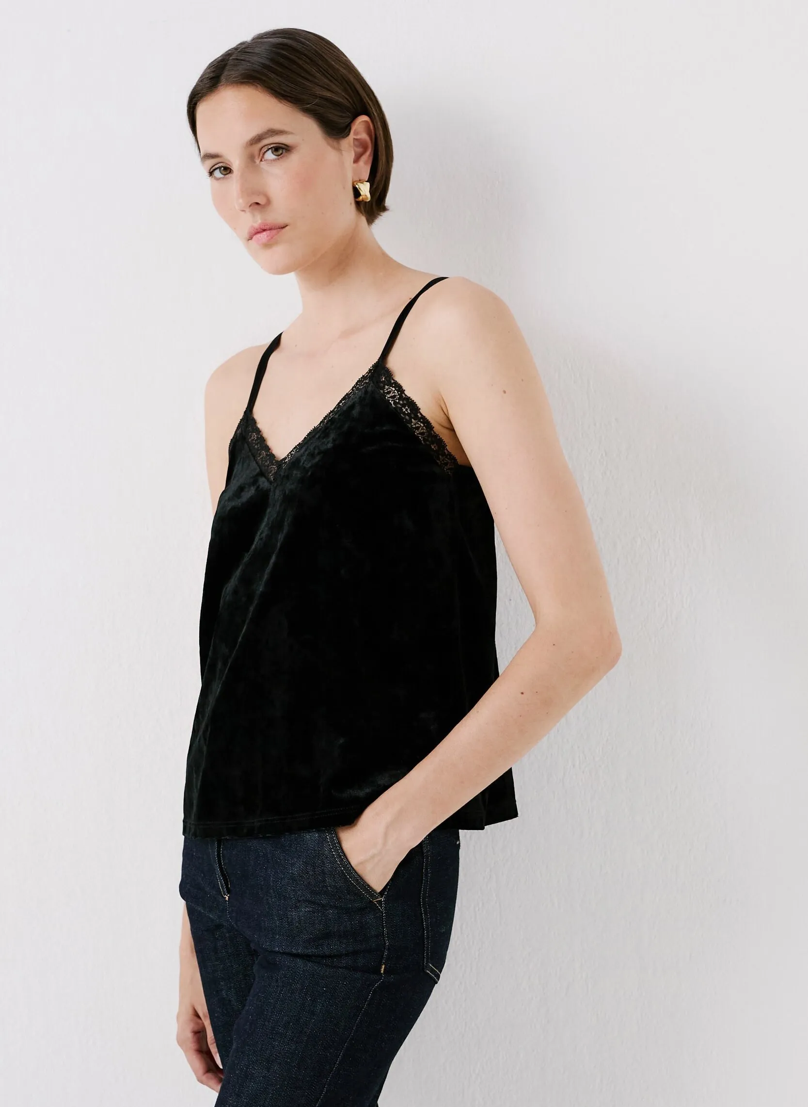  CAROLL   TAMARIN - Top a spalline in velluto e pizzo | Nero