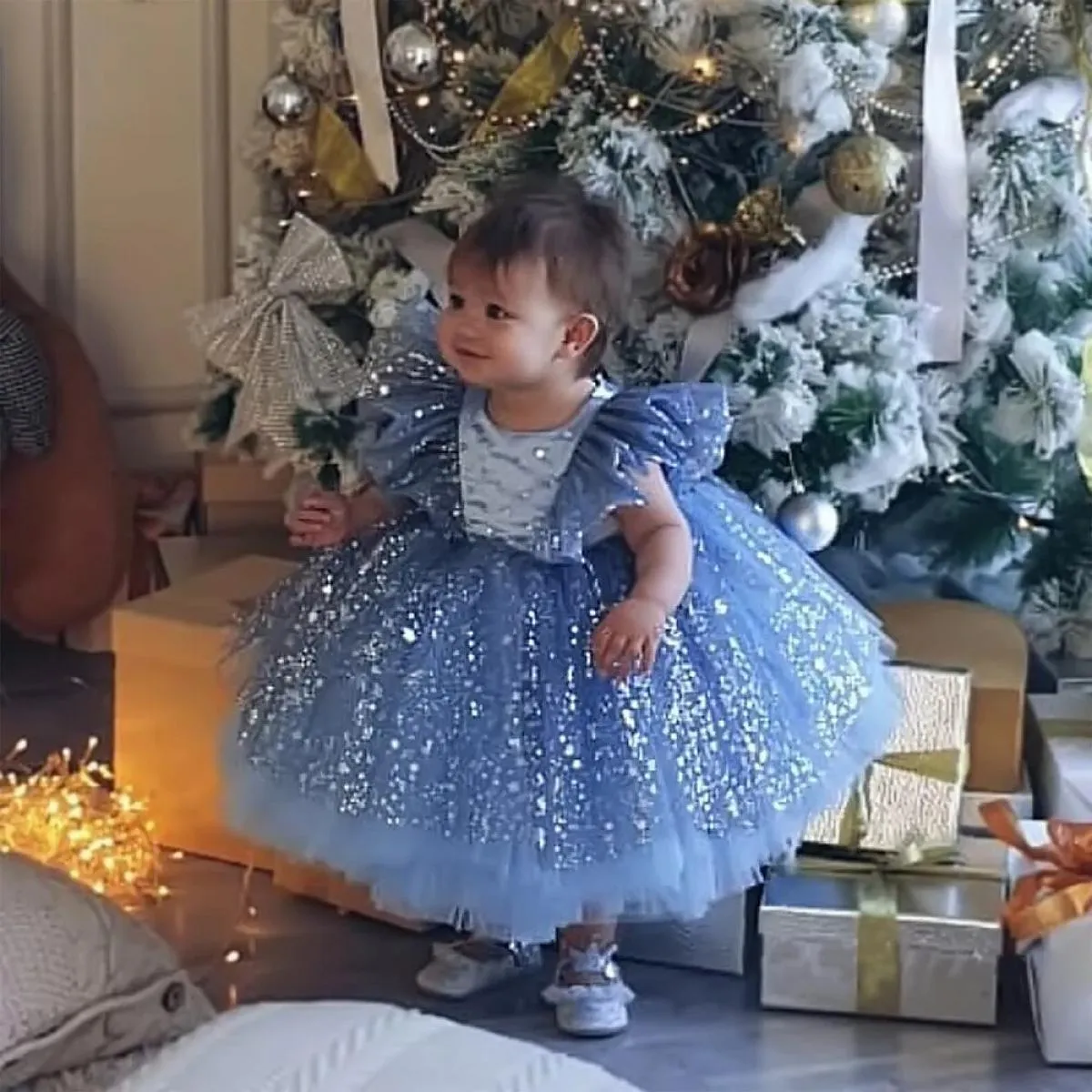 Child Party Dress for 1-5 Year Olds Ruffled Sequin Christmas Dress for Kids Tulle Tutu Costume