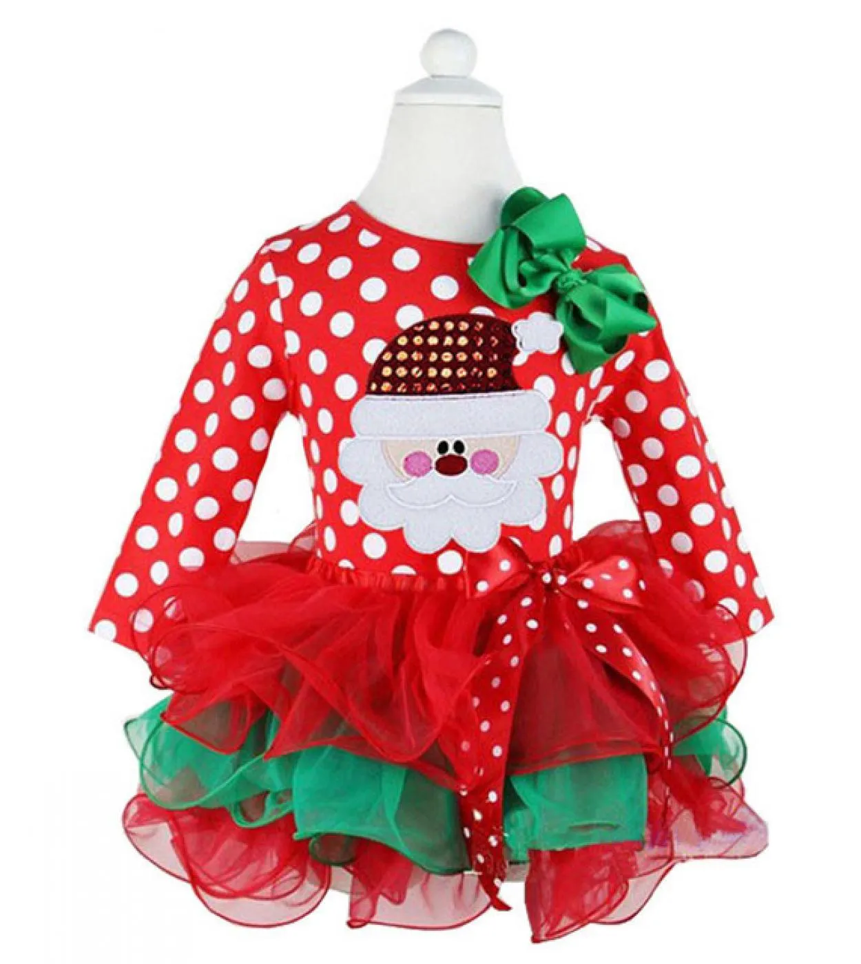 Christmas Dress Girl Model Santa Claus Lace Cake Skirt Long Sleeve Polka Dot Dress with Bow for New Year Dress 12m