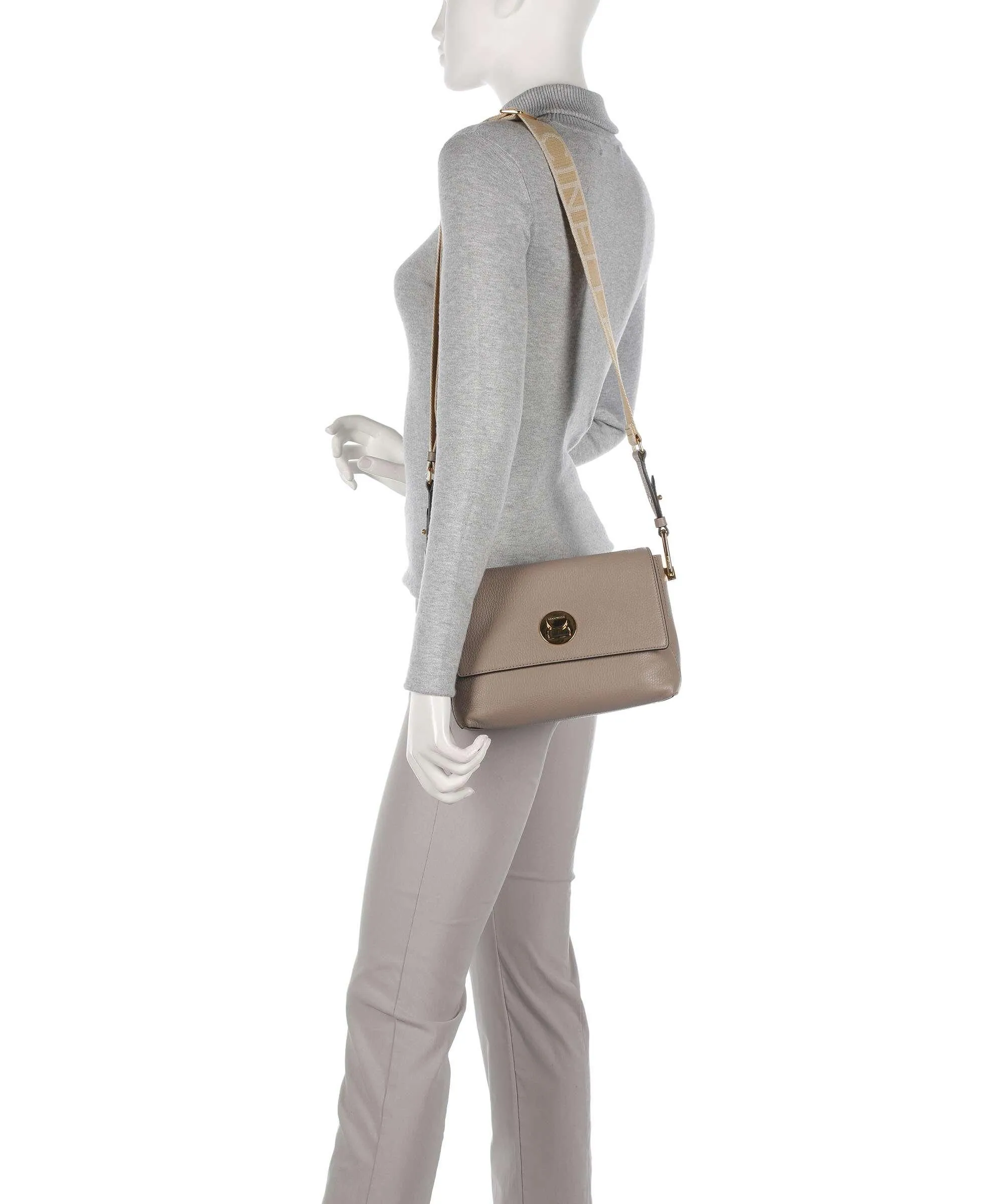 Coccinelle Liya Signature Taupe Grain Cowhide Leather Crossbody Bag