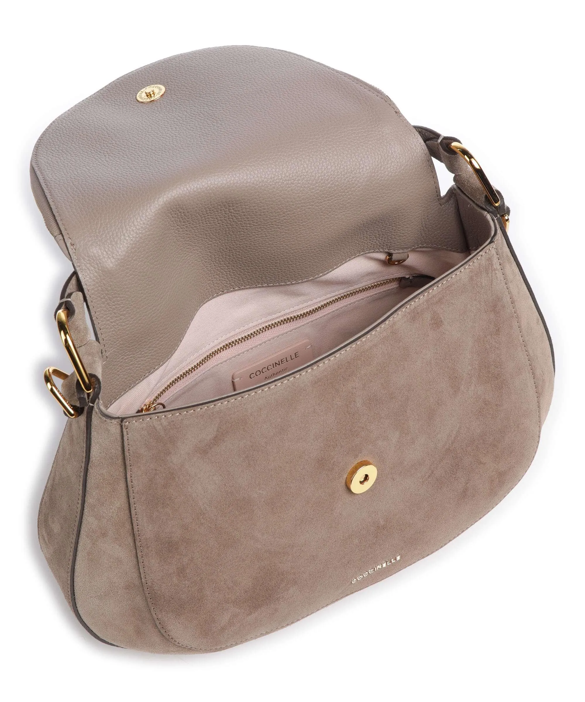 Coccinelle Sole Suede Taupe Rough Cowhide Leather Hobo Bag