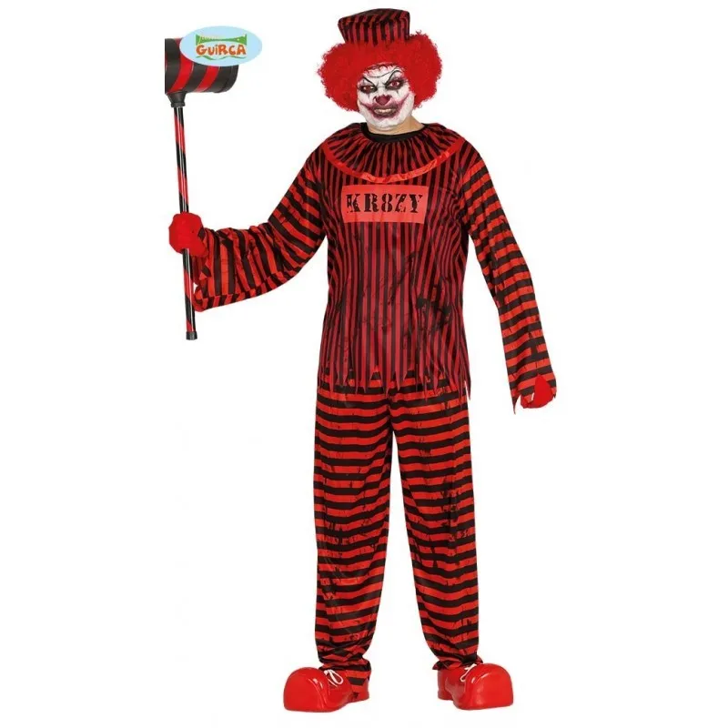 Costume clown adulto horror misura M completo carcerato vestito cappello t-shirt pantaloni carnevale Halloween.