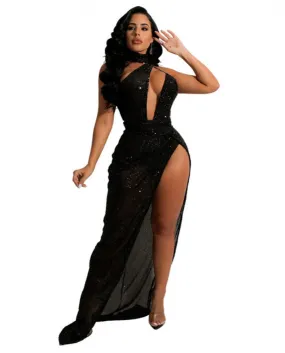 Cutuly Party Club Maxi Dress Halter Abiti Eleganti Scava Fuori Paillettes Natale 3 Colori Vestido High Street