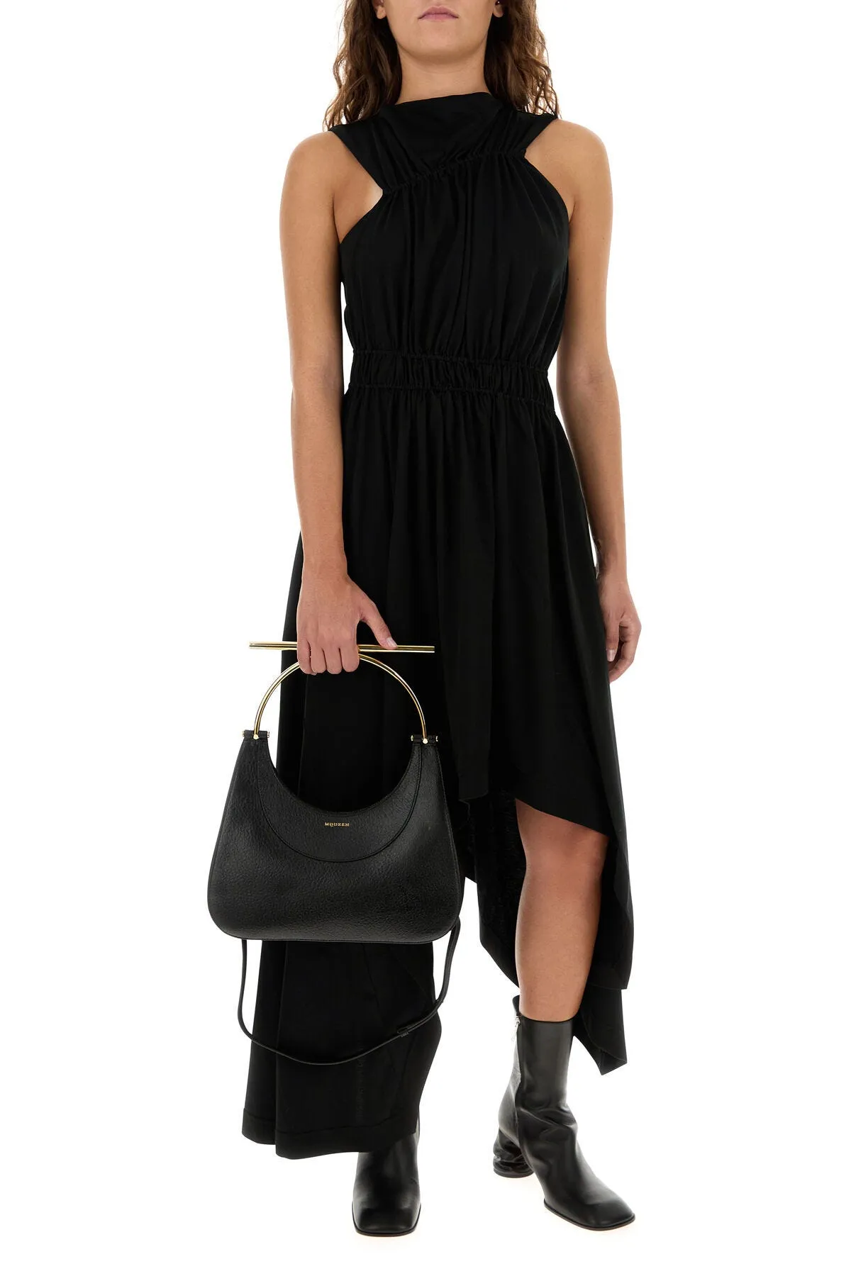 Elegant Black Leather Cross-Bar Handbag