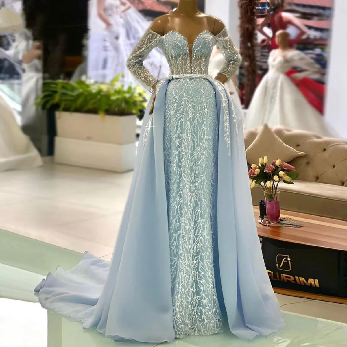 Eleganti abiti da sera da sera per le donne 2023 con spalle scoperte maniche lunghe sirena con strascico staccabile Prom Pa