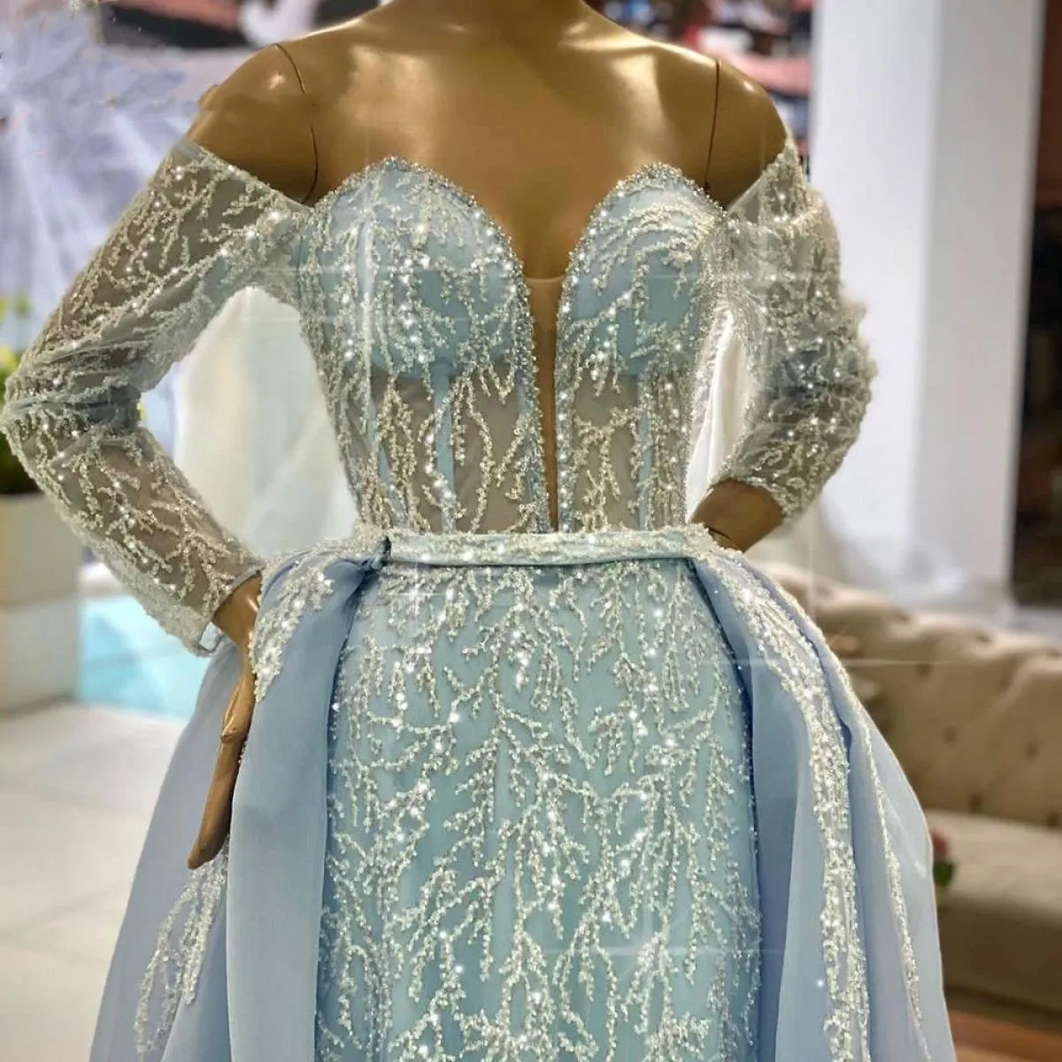 Eleganti abiti da sera da sera per le donne 2023 con spalle scoperte maniche lunghe sirena con strascico staccabile Prom Pa