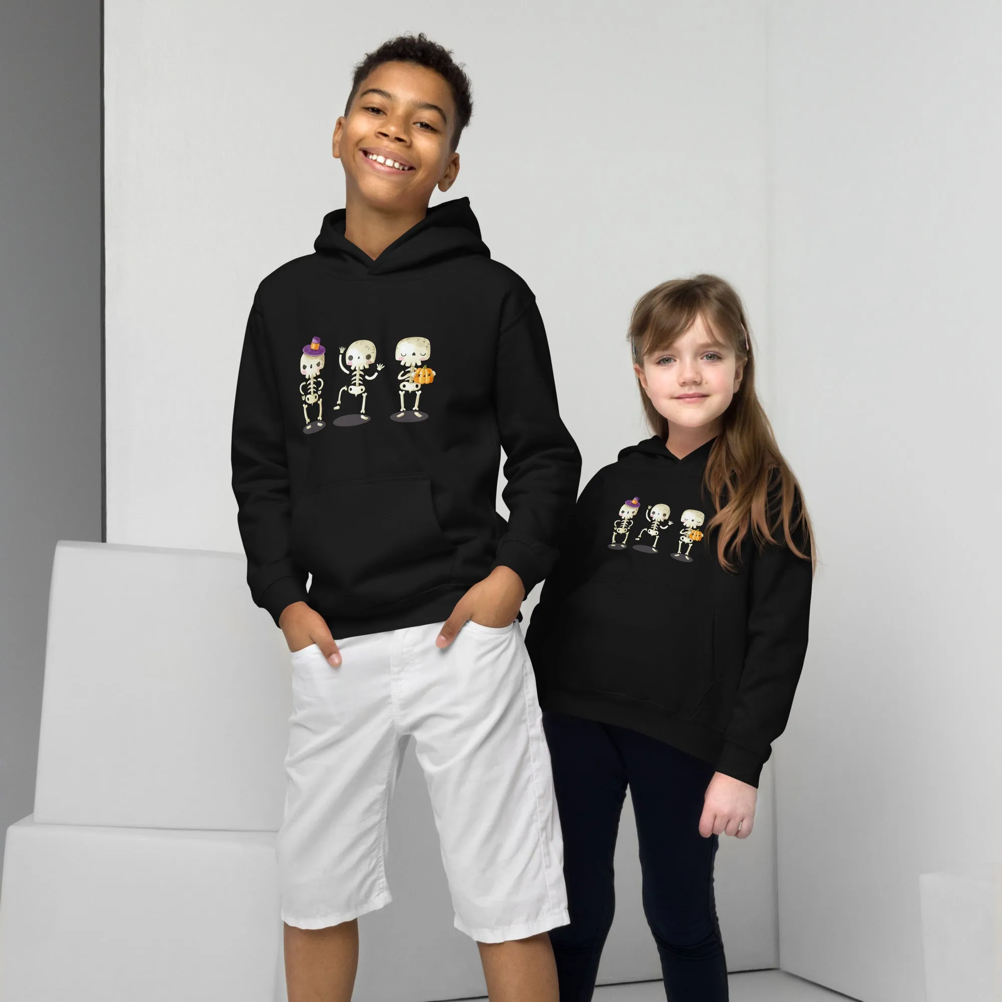 Felpa con cappuccio unisex per bambini con scheletri di Halloween