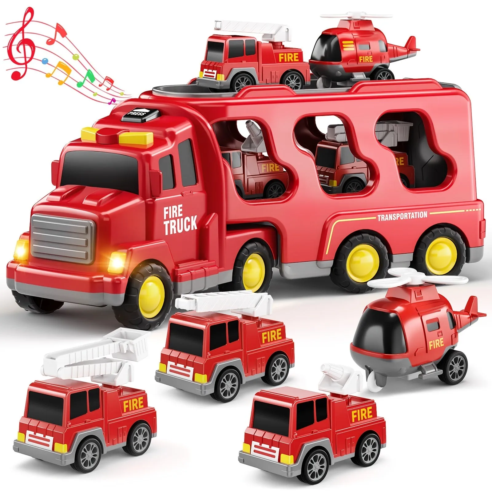 Fire Engine Toys for Toddlers - 5-In-1 Carrier Truck Transport Cars, Firefighter Vehicles for Boys and Girls