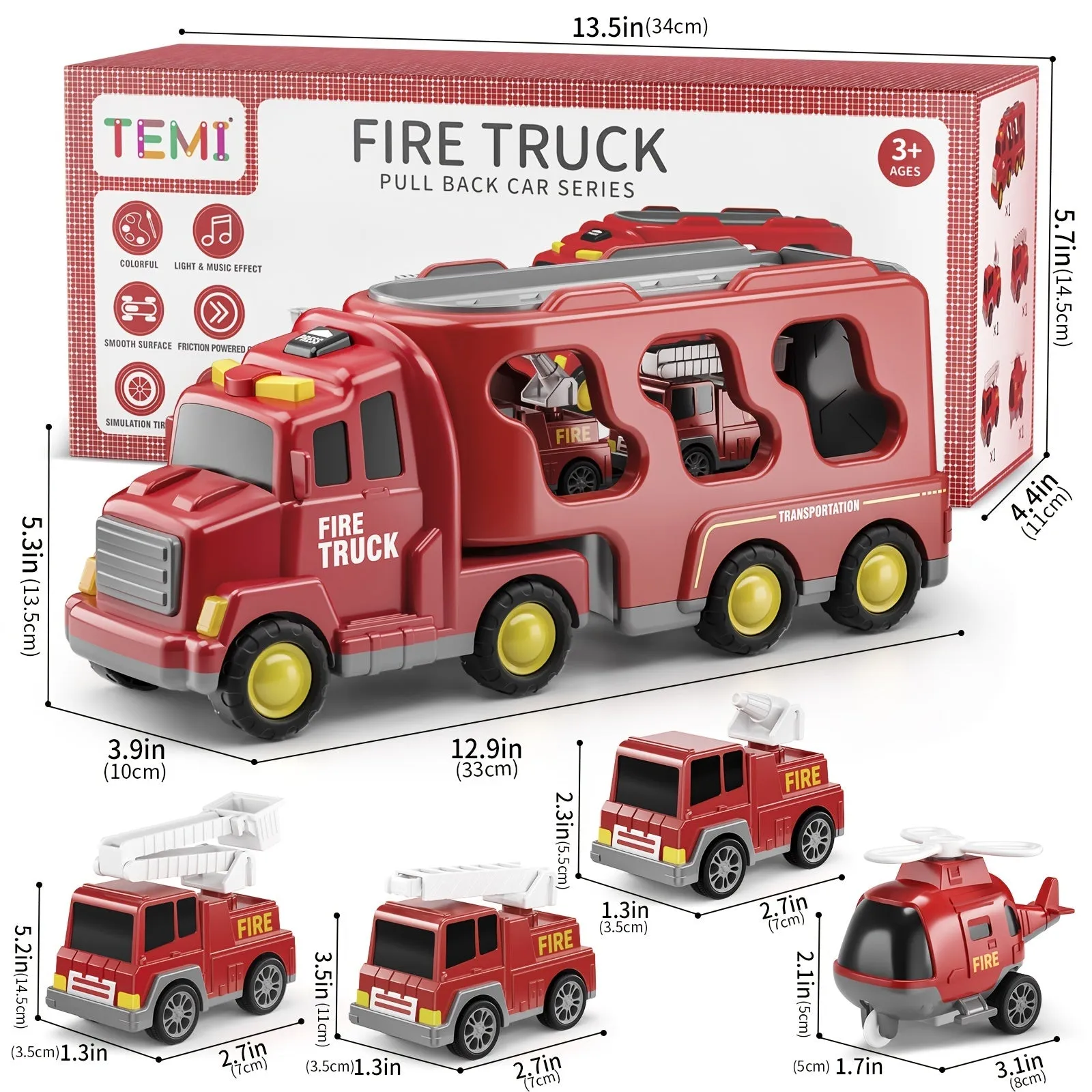 Fire Engine Toys for Toddlers - 5-In-1 Carrier Truck Transport Cars, Firefighter Vehicles for Boys and Girls