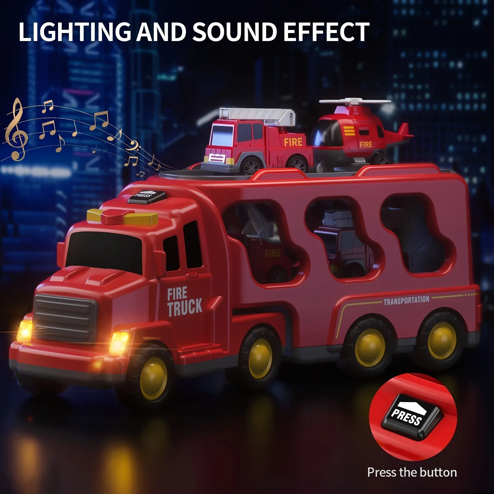 Fire Engine Toys for Toddlers - 5-In-1 Carrier Truck Transport Cars, Firefighter Vehicles for Boys and Girls