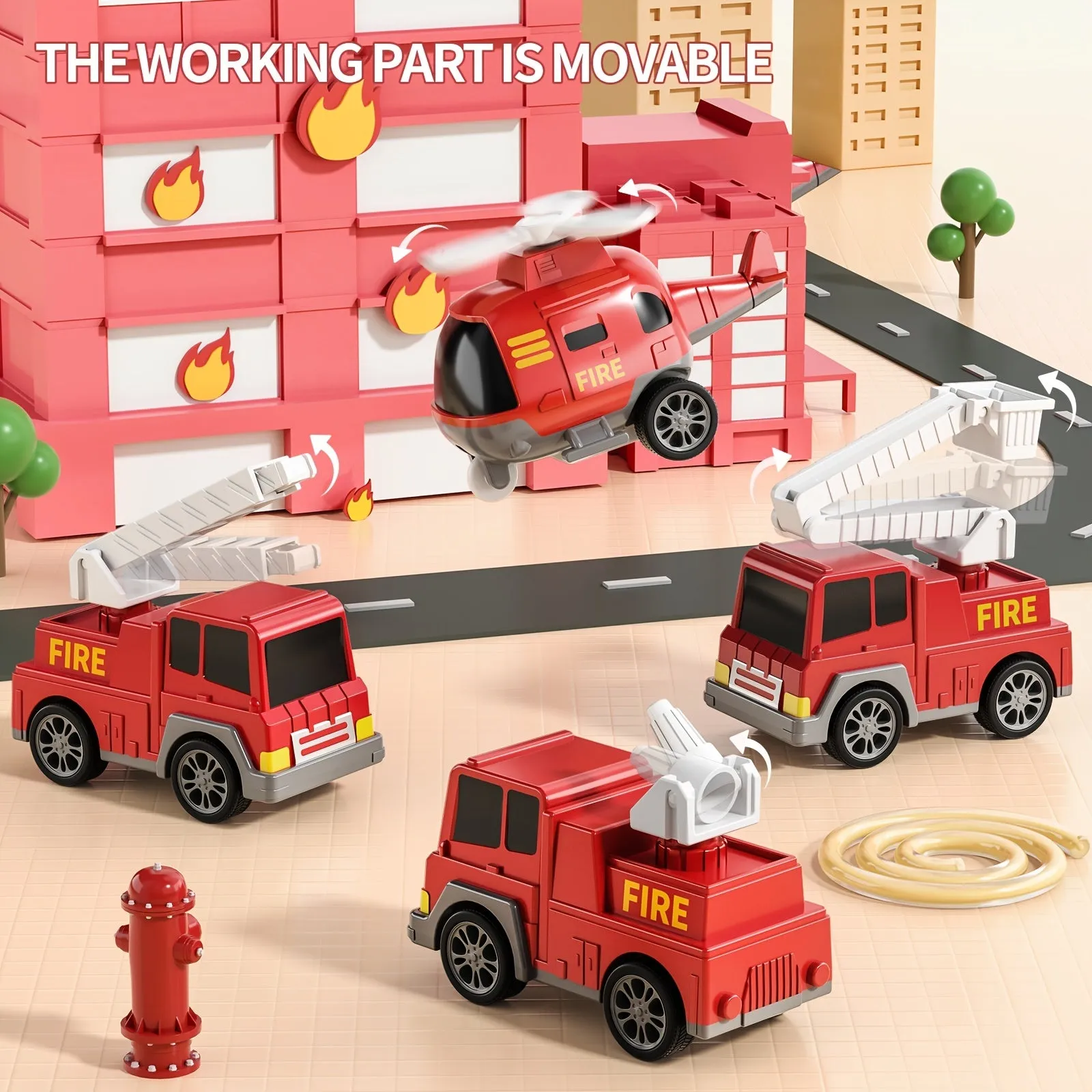 Fire Engine Toys for Toddlers - 5-In-1 Carrier Truck Transport Cars, Firefighter Vehicles for Boys and Girls