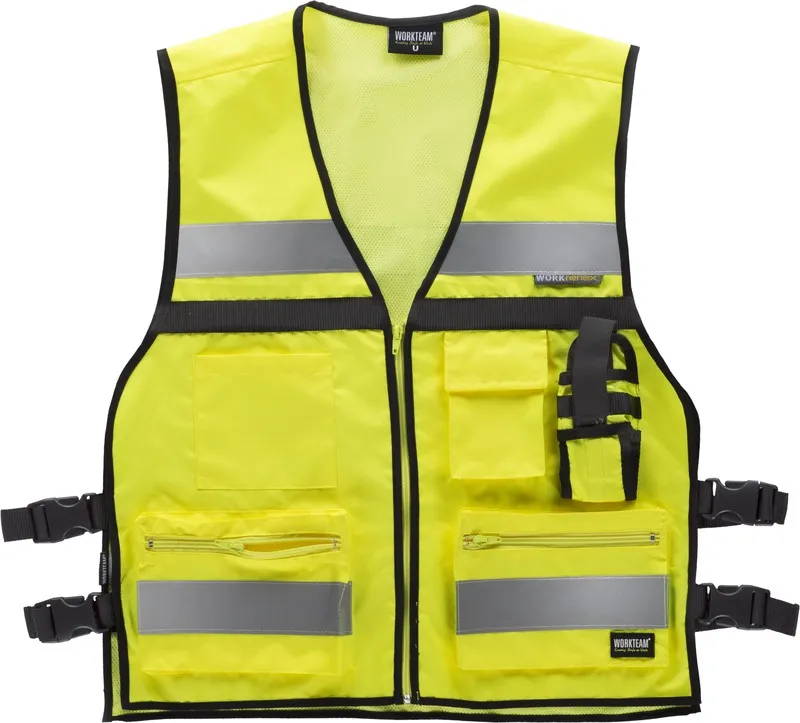 Gilet ad alta visibilità con regolazioni laterali, multi tasche, due nastri riflettenti AV giallo