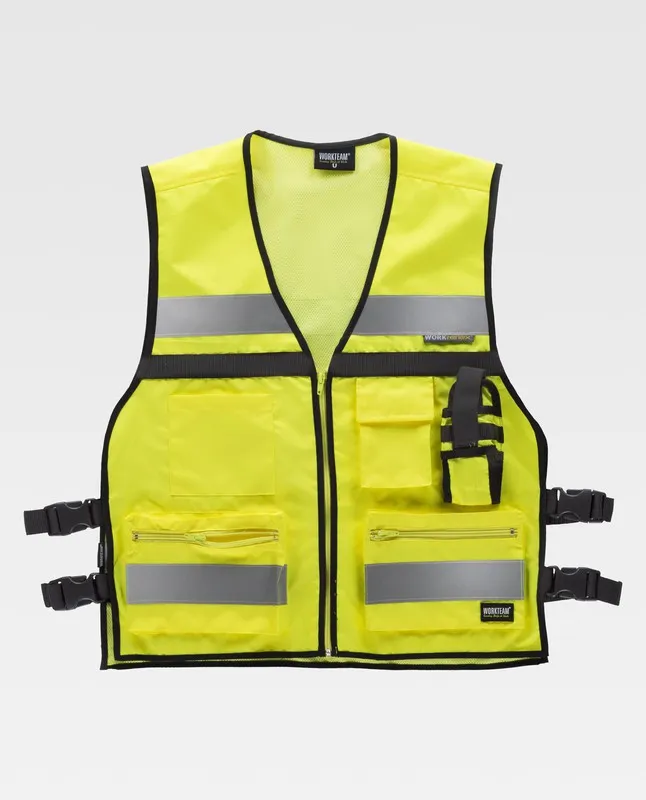 Gilet ad alta visibilità con regolazioni laterali, multi tasche, due nastri riflettenti AV giallo