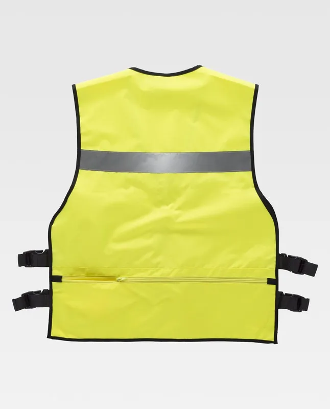 Gilet ad alta visibilità con regolazioni laterali, multi tasche, due nastri riflettenti AV giallo