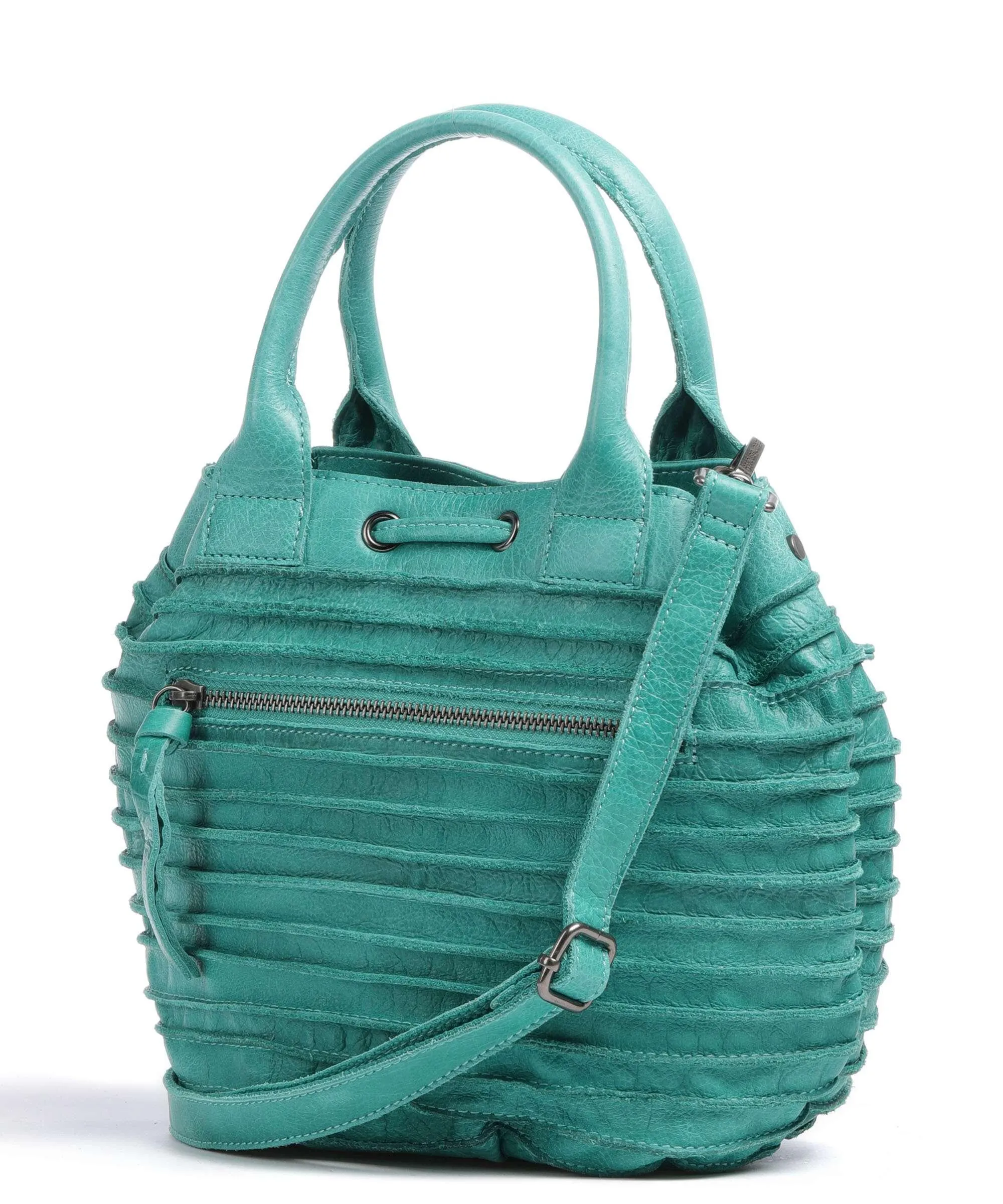 Green Granulated Leather Little Fat Friend Riffel Bucket Bag by FredsBruder