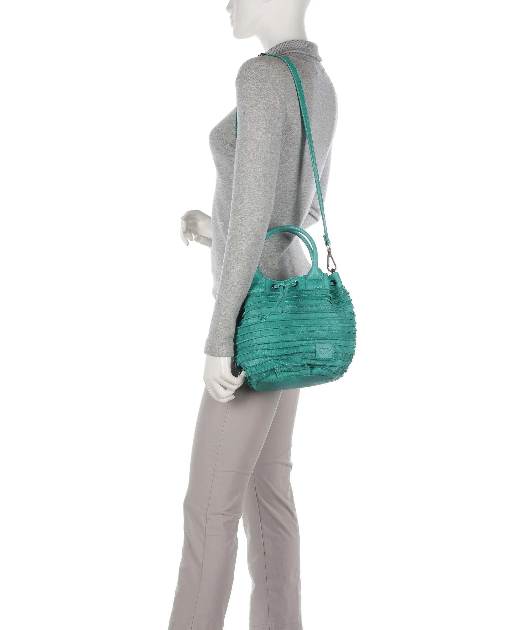 Green Granulated Leather Little Fat Friend Riffel Bucket Bag by FredsBruder