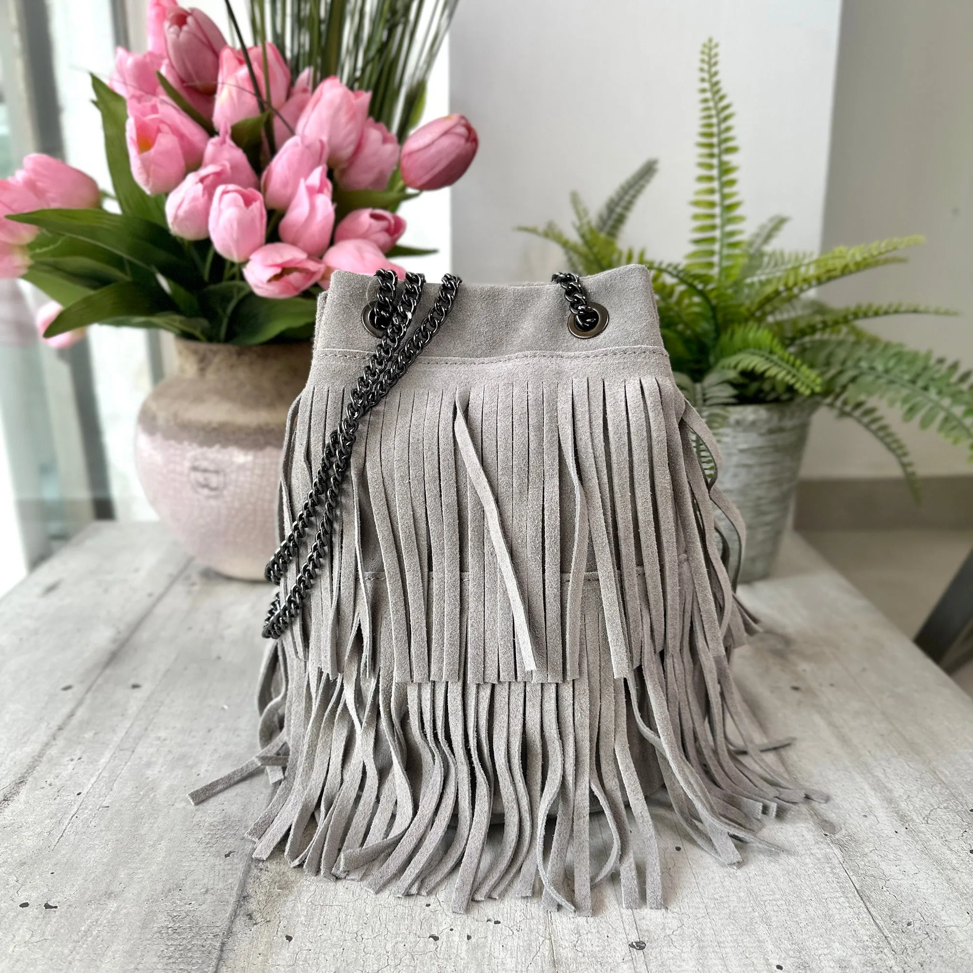 Grey Suede Fringed Bucket Bag