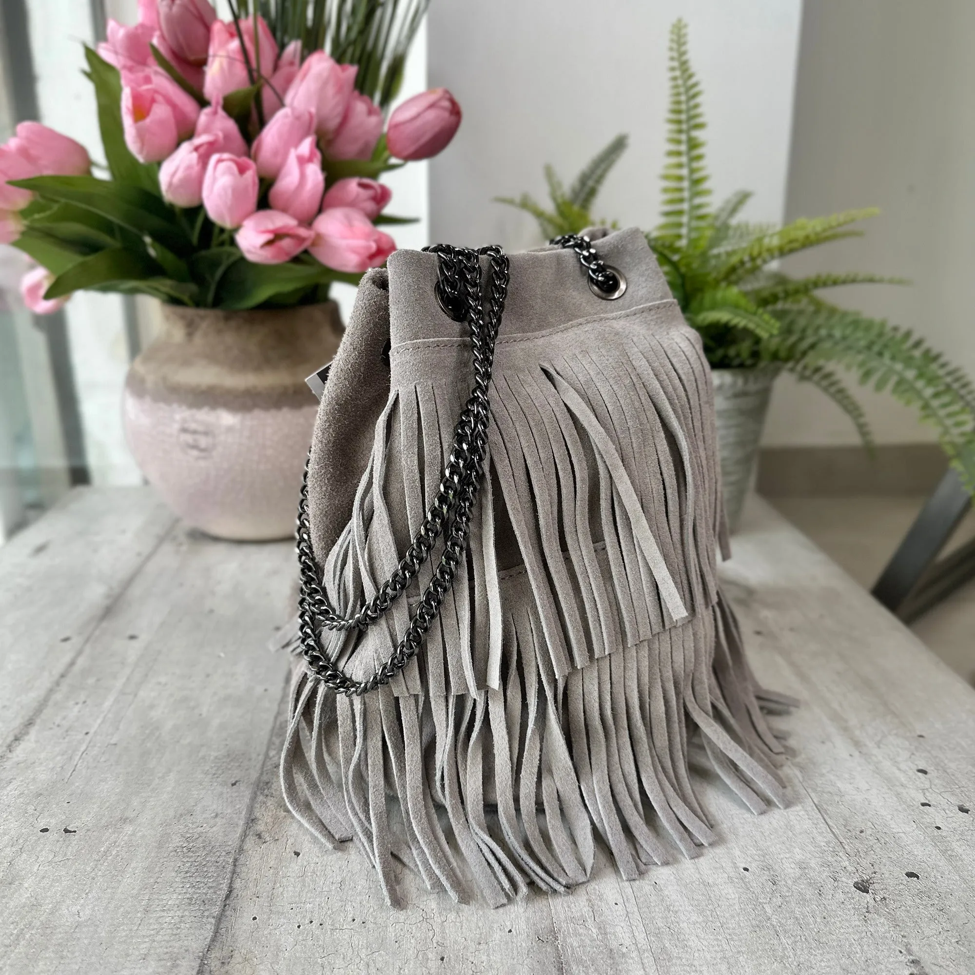Grey Suede Fringed Bucket Bag