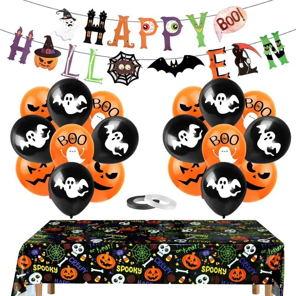 Halloween Balloon Decoration Set, Halloween Tablecloth, Foil Pumpkin Bat Balloon, Happy Halloween Garland, Ball