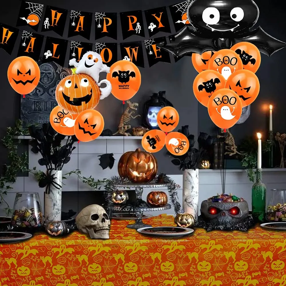 Halloween Balloon Decoration Set, Halloween Tablecloth, Foil Pumpkin Bat Balloon, Happy Halloween Garland, Ball
