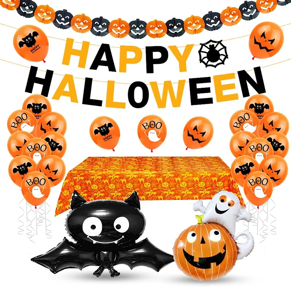 Halloween Balloon Decoration Set, Halloween Tablecloth, Foil Pumpkin Bat Balloon, Happy Halloween Garland, Ball