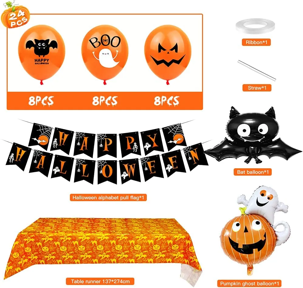 Halloween Balloon Decoration Set, Halloween Tablecloth, Foil Pumpkin Bat Balloon, Happy Halloween Garland, Ball