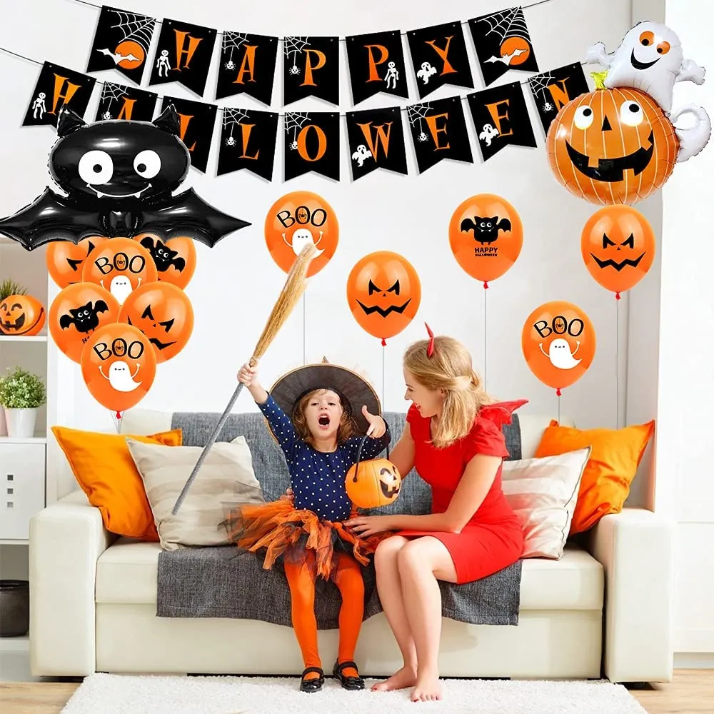 Halloween Balloon Decoration Set, Halloween Tablecloth, Foil Pumpkin Bat Balloon, Happy Halloween Garland, Ball