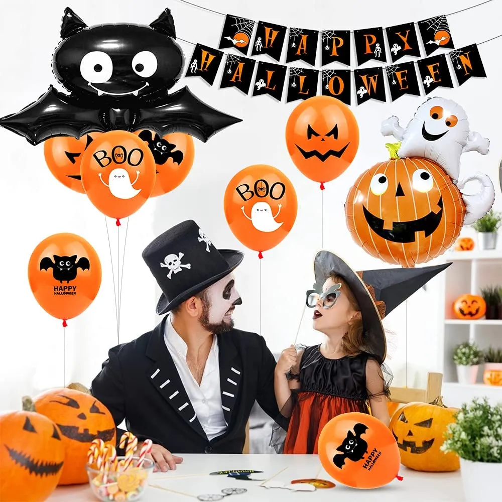 Halloween Balloon Decoration Set, Halloween Tablecloth, Foil Pumpkin Bat Balloon, Happy Halloween Garland, Ball
