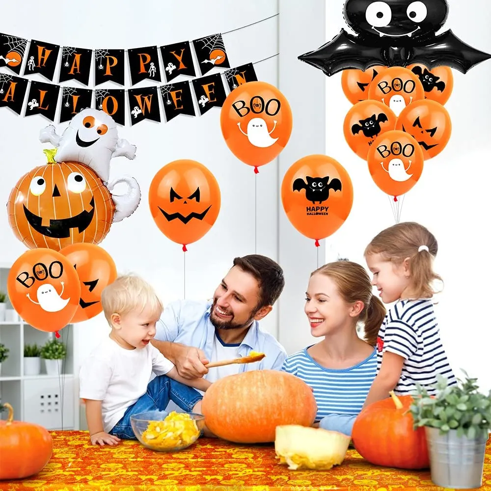 Halloween Balloon Decoration Set, Halloween Tablecloth, Foil Pumpkin Bat Balloon, Happy Halloween Garland, Ball