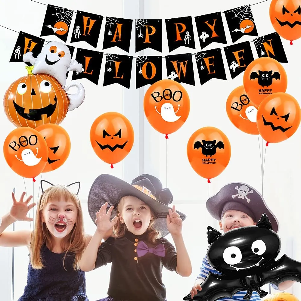 Halloween Balloon Decoration Set, Halloween Tablecloth, Foil Pumpkin Bat Balloon, Happy Halloween Garland, Ball