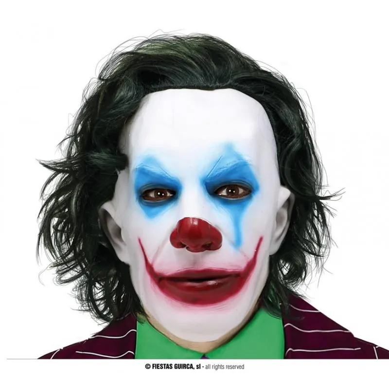 Halloween Carnival Horror Clown Mask with Joker Hair for Horror Movie Scenes and Masquerade Costume Parties.