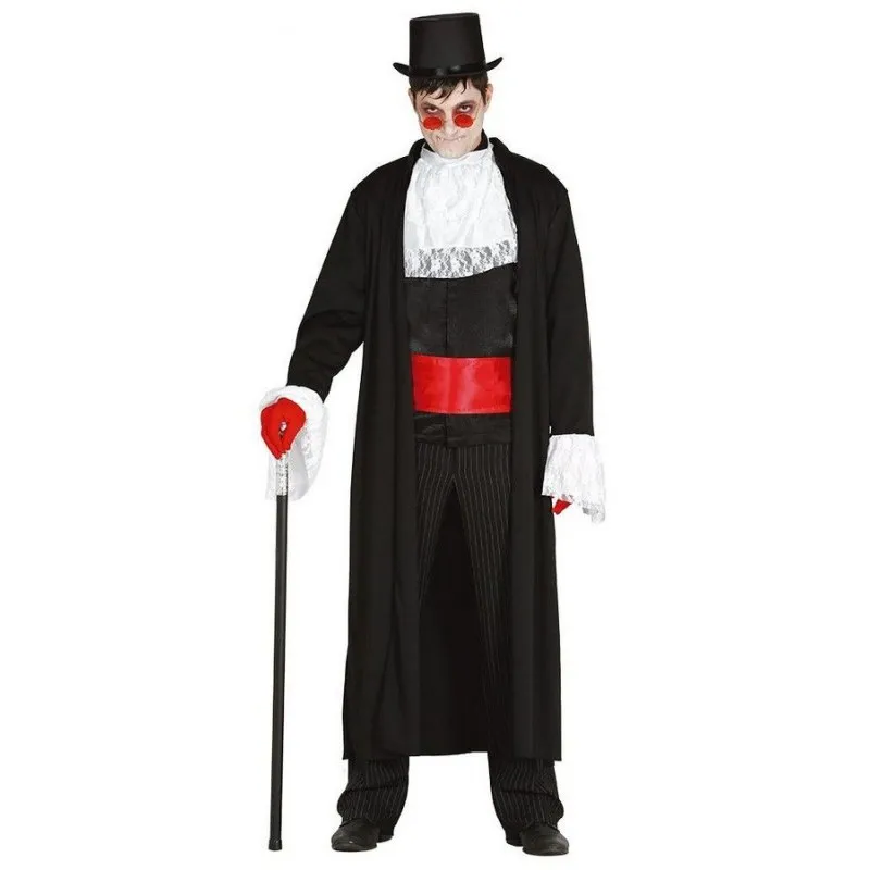 Halloween Dracula Costume for Adults - One Size, Long Red Belted Cape with White Lace Collar as Sleeves.