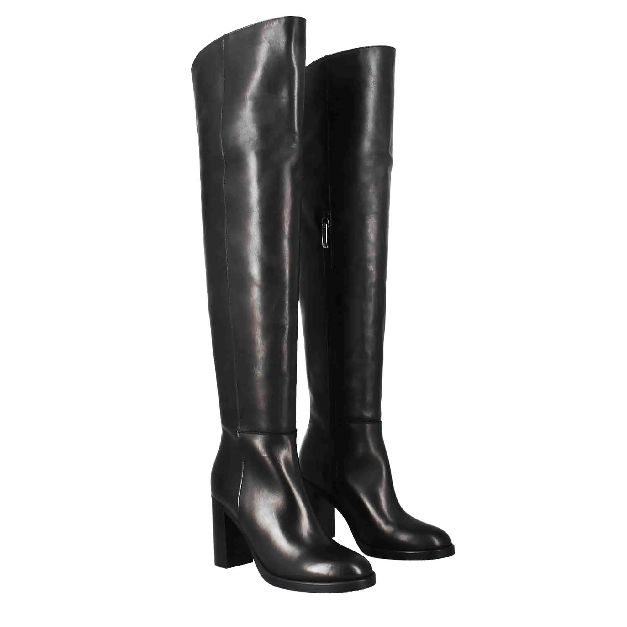 High heel black leather women's over the knee boot