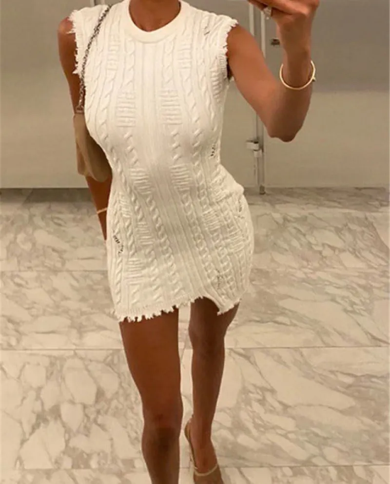 Hirigin Mini abito estivo lavorato a maglia con nappe intrecciate per donna senza maniche I