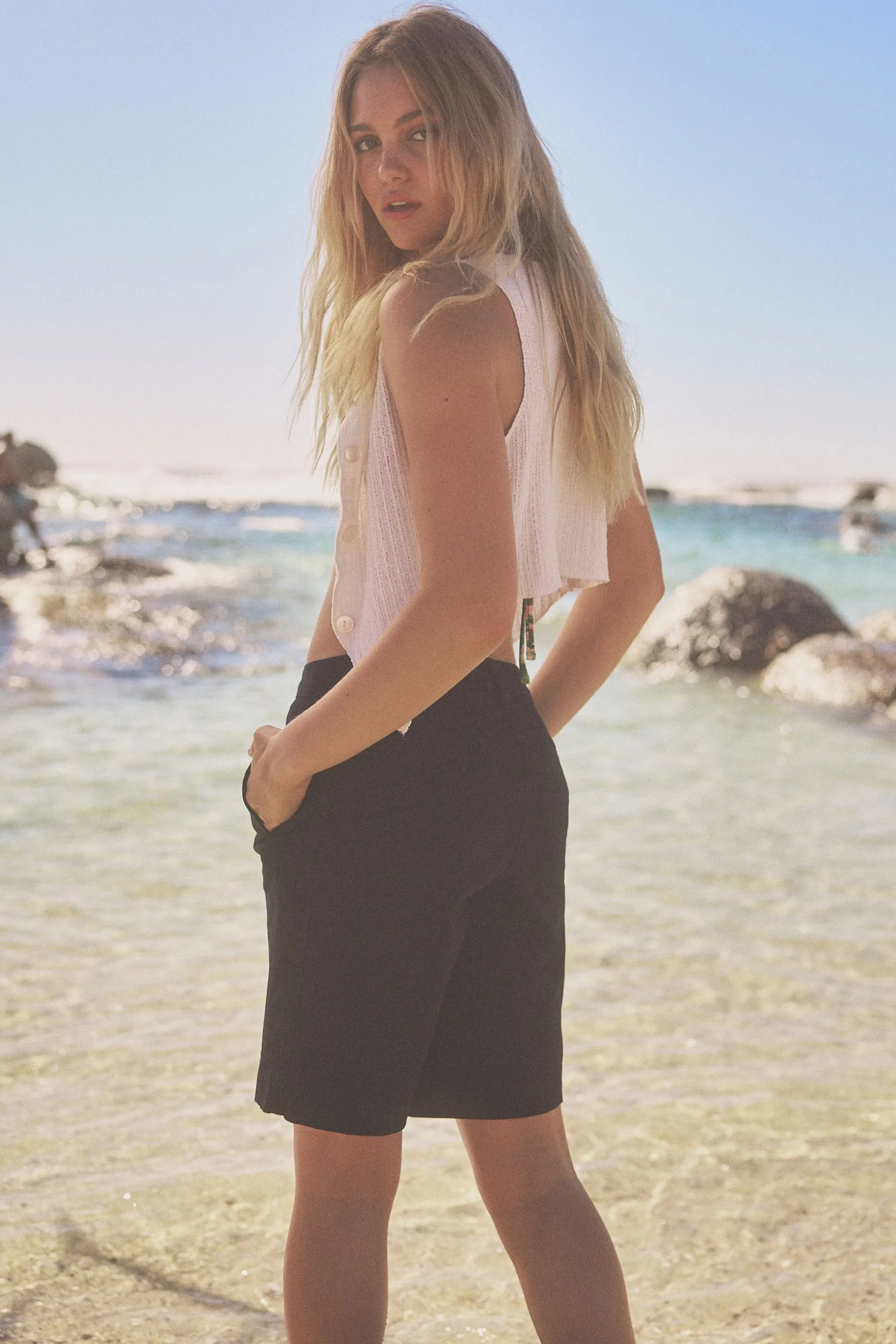 Khaki knee-length shorts