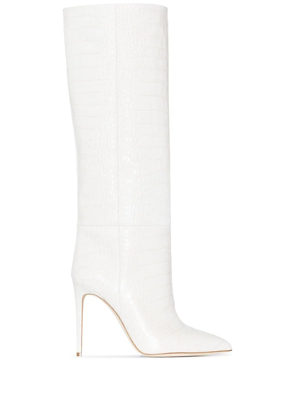 Knee-high crocodile print boots with white waistband - women
