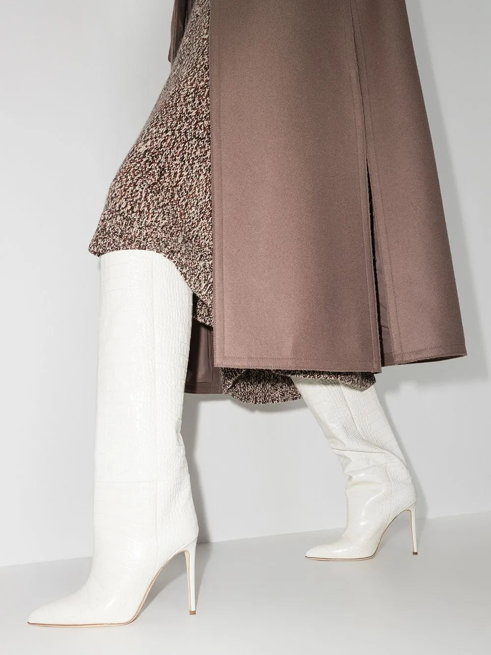 Knee-high crocodile print boots with white waistband - women