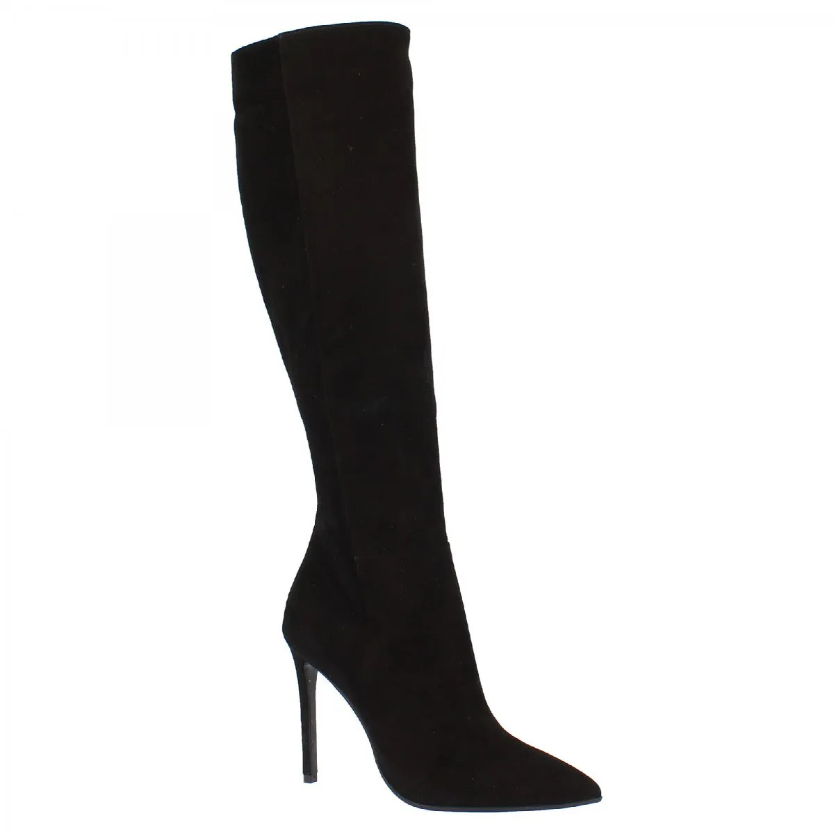 Knee-high handmade black suede leather boots for women with stiletto heels and zipper.