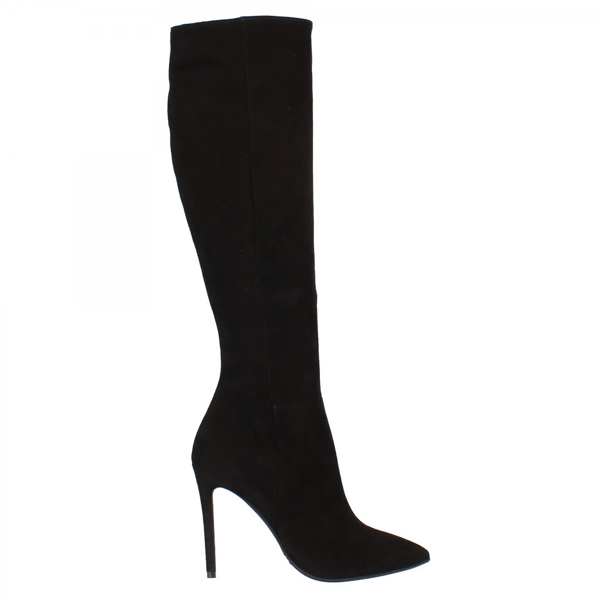Knee-high handmade black suede leather boots for women with stiletto heels and zipper.