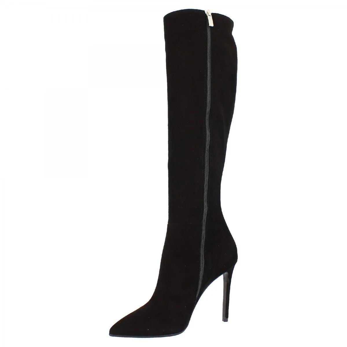 Knee-high handmade black suede leather boots for women with stiletto heels and zipper.