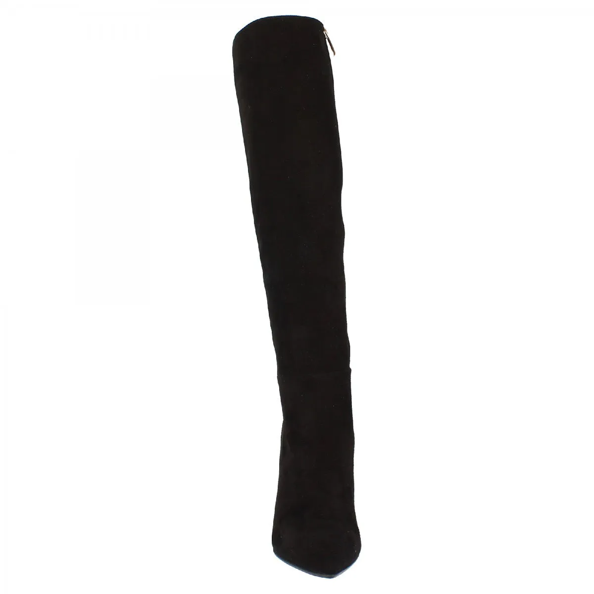 Knee-high handmade black suede leather boots for women with stiletto heels and zipper.